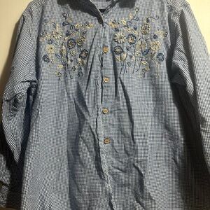 Blue Casual Button Down Shirt with Floral Embroidery